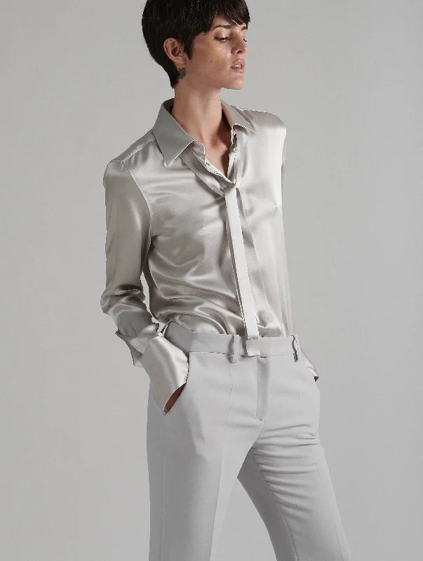 Pearl grey silk satin pussybow shirt