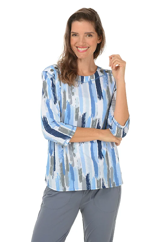 Blue Brushstroke Stripe Button Shoulder Top