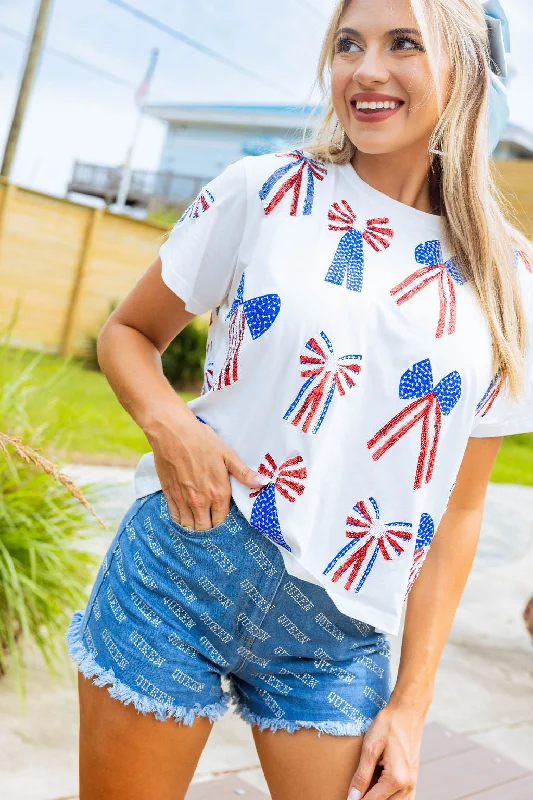 White, Red, White & Blue Scattered Bow Tee