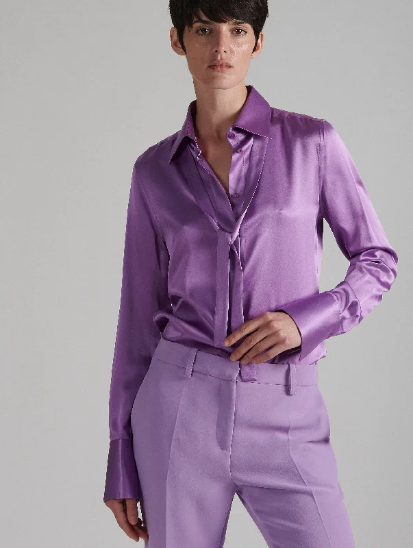 Lilac silk satin pussybow shirt