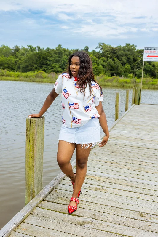 White Scattered Metallic American Flag Tee