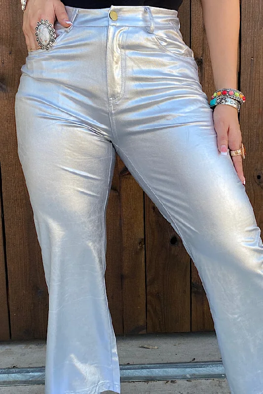 BQ13305 SILVER  METALLIC STRAIGHT LEG HIGH WAISTED PANTS IS18