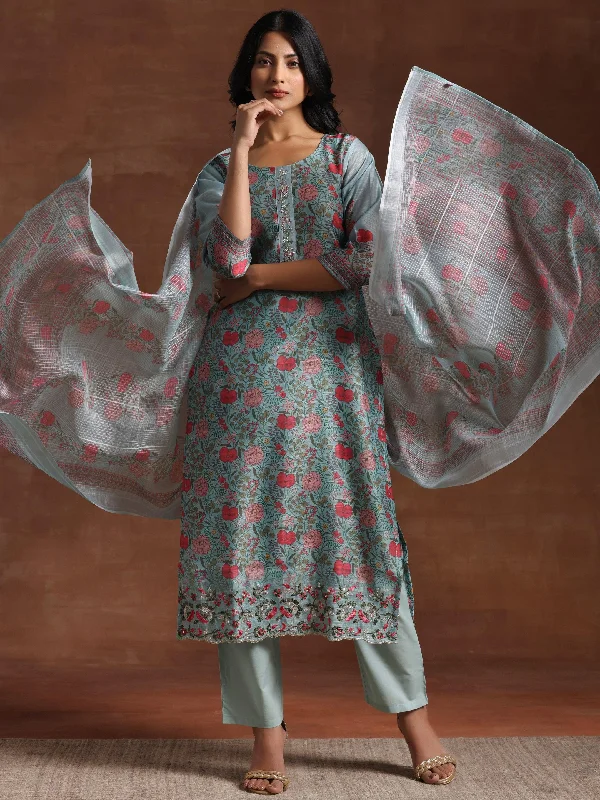 Green Printed Chanderi Silk Straight Suit With Dupatta