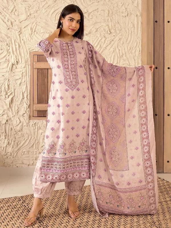 Peach Printed Poly Crepe Straight Suit With Dupatta