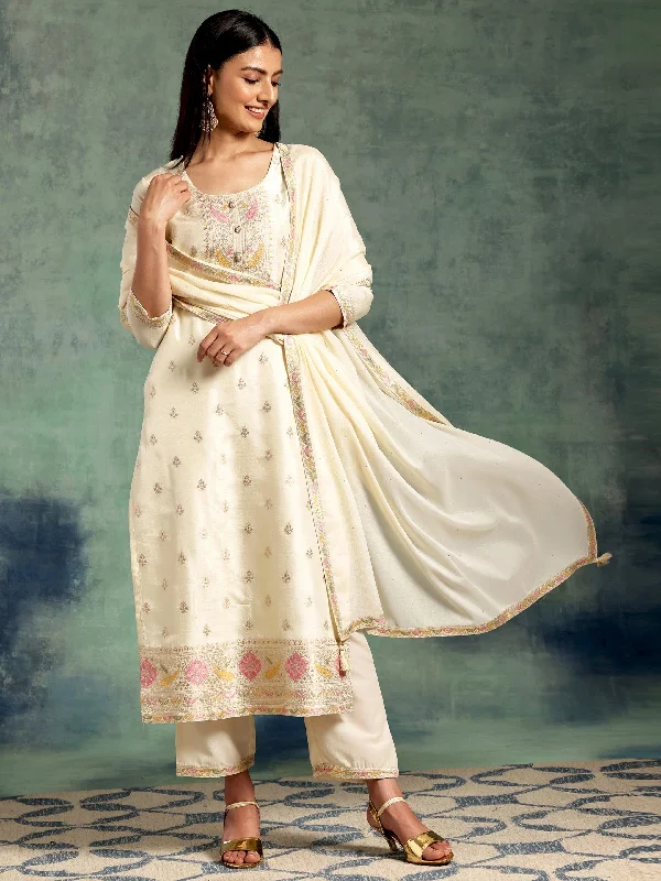 Off White Woven Design Silk Blend Straight Suit With Dupatta