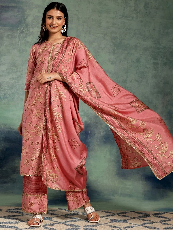 Pink Printed Silk Blend Straight Suit With Dupatta