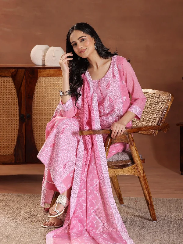 Pink Woven Design Cotton Straight Suit With Dupatta