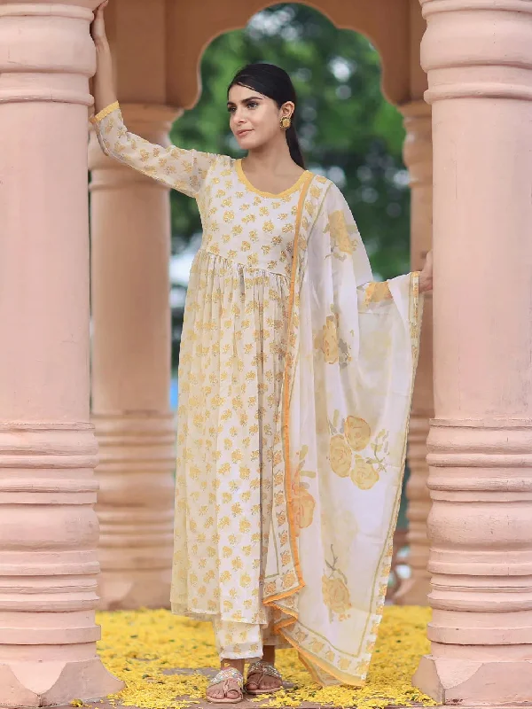 Off white Printed Poly Chiffon A-Line Kurta With Sharara & Dupatta