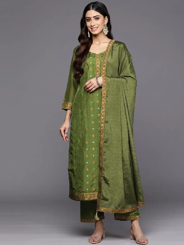 Green Self Design Silk Blend Straight Kurta With Trousers & Dupatta