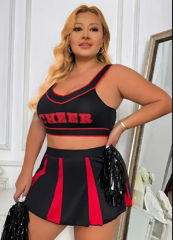 Women's Plus Size Cheerleader Costumes, Top And Skirt Outfit With Contrasting Letter Print, Performance And Party Wear