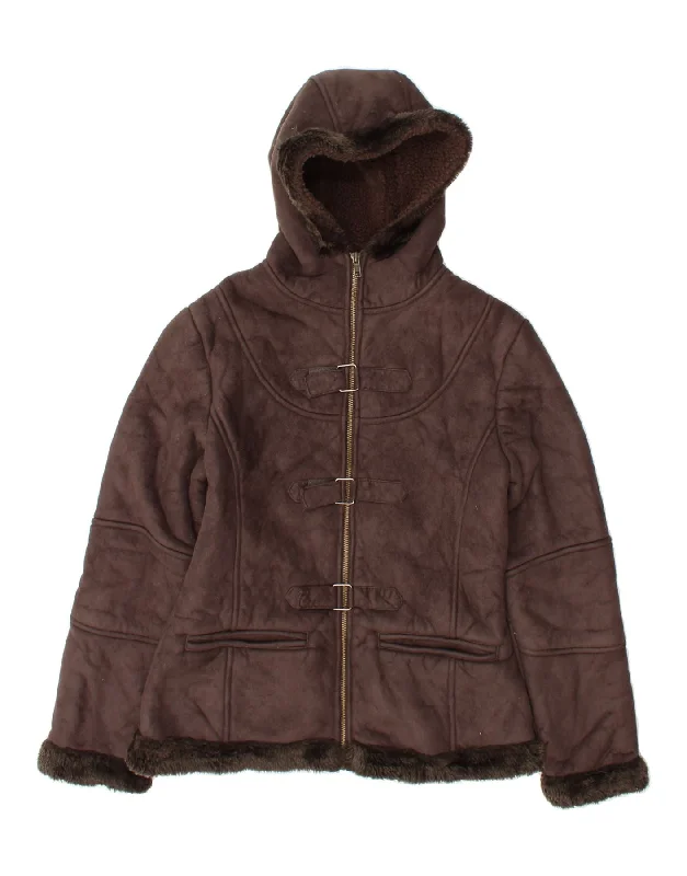 AVENUE Womens Hooded Sherpa Jacket UK 12 Medium Brown Polyester