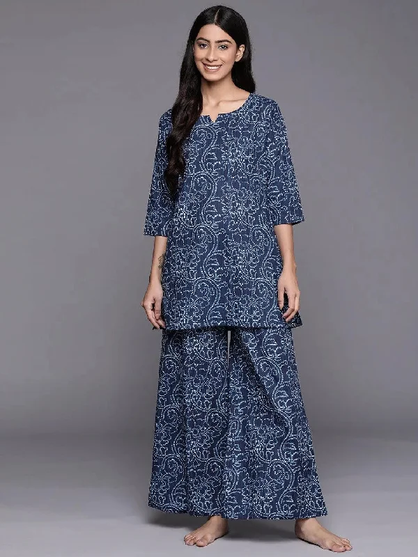 Blue Printed Cotton Night Suit