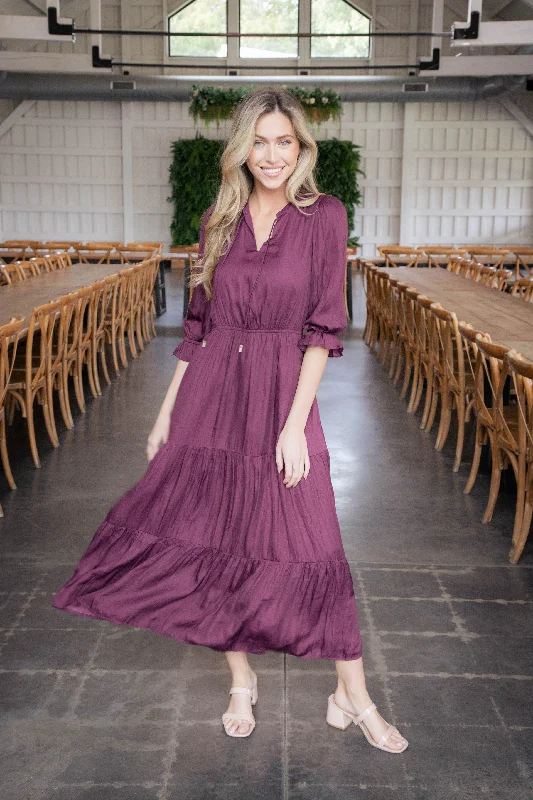 Mei Split Neck Maxi Dress, Plum