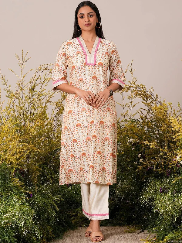 Beige Printed Chanderi Silk A-Line Kurta With Palazzos