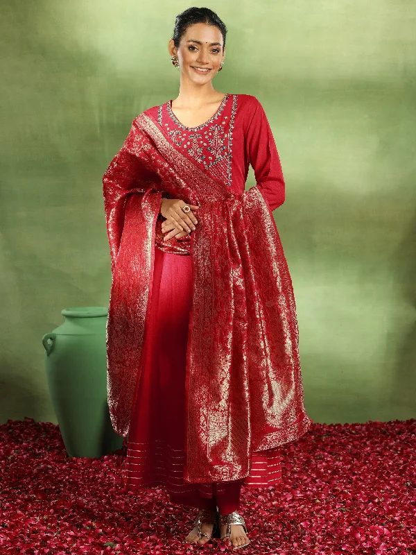 Red Yoke Design Rayon Anarkali Suit With Dupatta