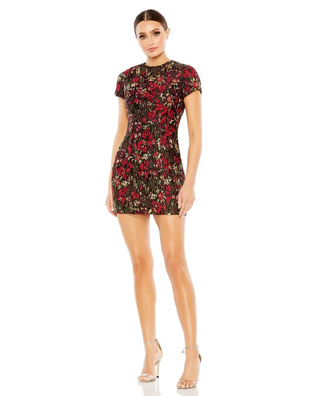 Mac Duggal 11613 Short Cap Sleeve Floral Brocade Fitted Mini Dress