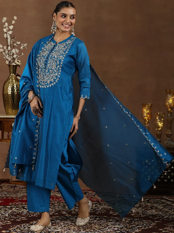 Teal Yoke Design Chanderi Silk Straight Suit With Dupatta