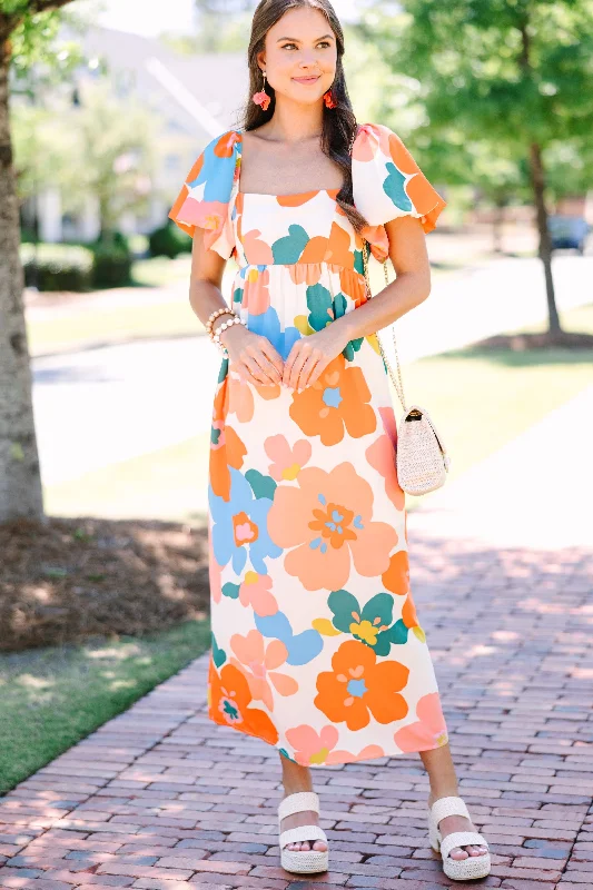 Tell Me More Orange Retro Floral Midi Dress