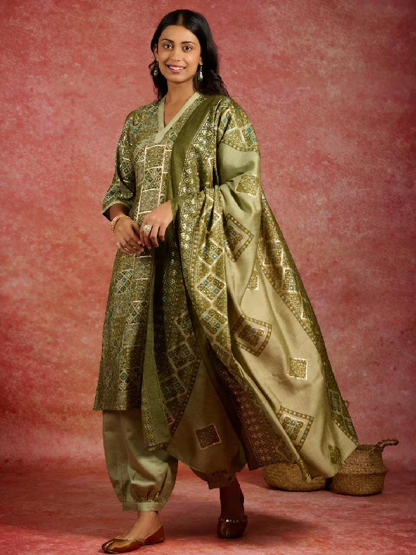 Green Printed Silk Blend Straight Suit With Dupatta