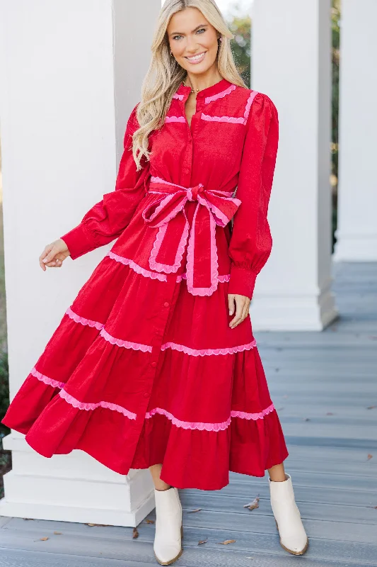 So In Love Red Scalloped Midi Dress