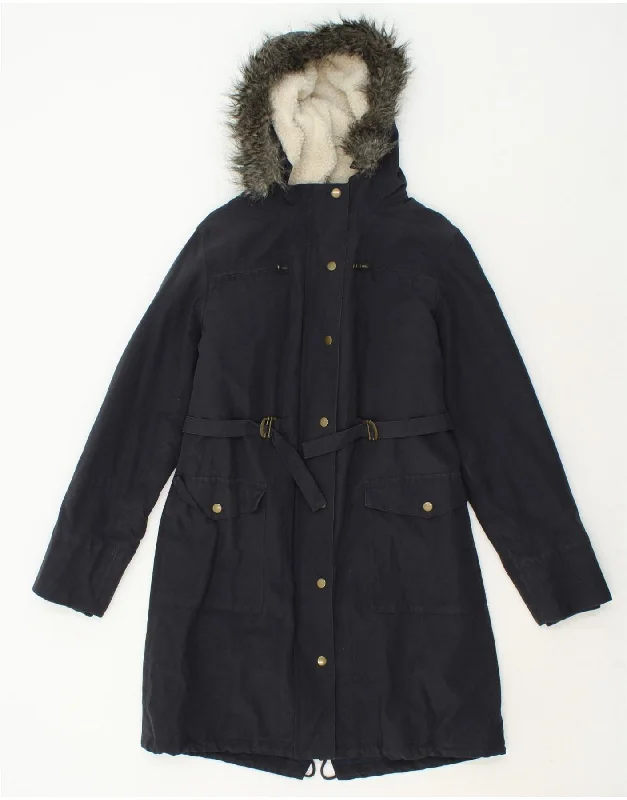 HOBBS Womens Hooded Parka Jacket UK 12 Medium  Navy Blue Cotton