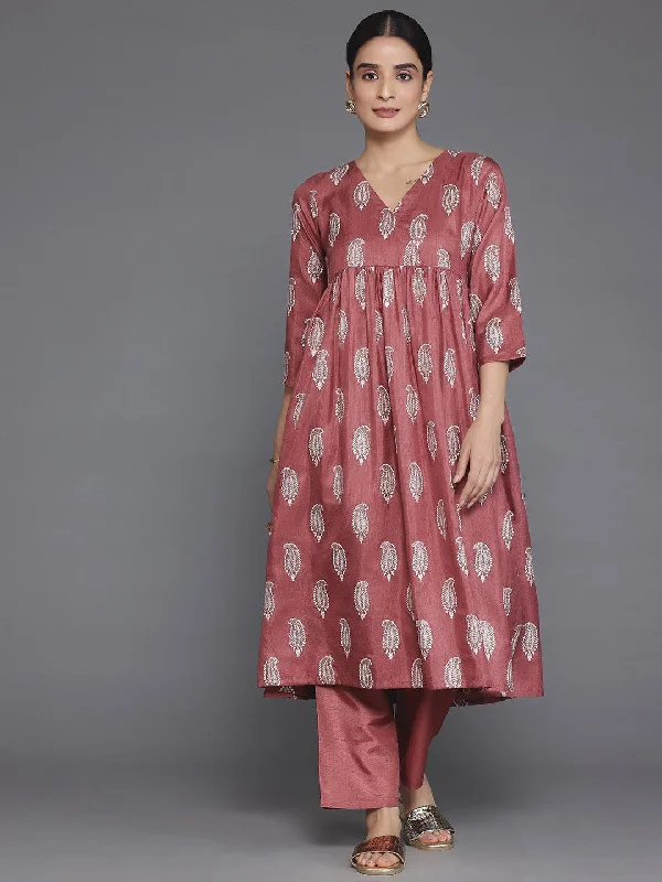 Mauve Printed Silk Blend A-Line Kurta With Trousers