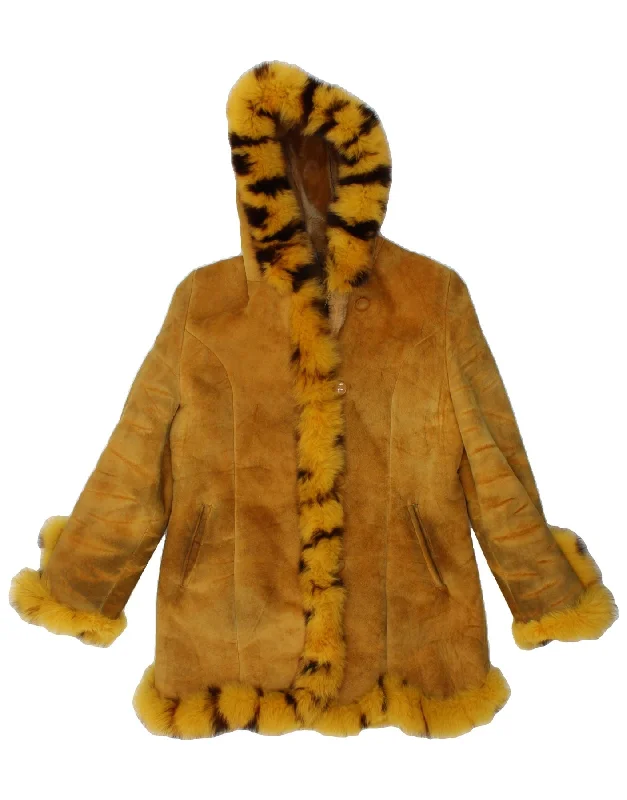 MODERN RARITY Womens Hooded Sherpa Jacket UK 22 3XL Yellow Animal Print