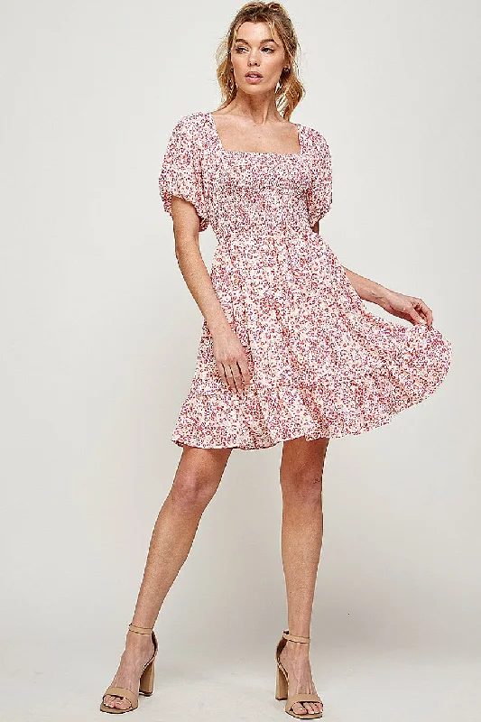 Short Puff Sleeve Printed Mini Dress