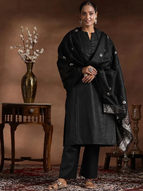 Black Solid Cotton Blend Straight Suit With Dupatta