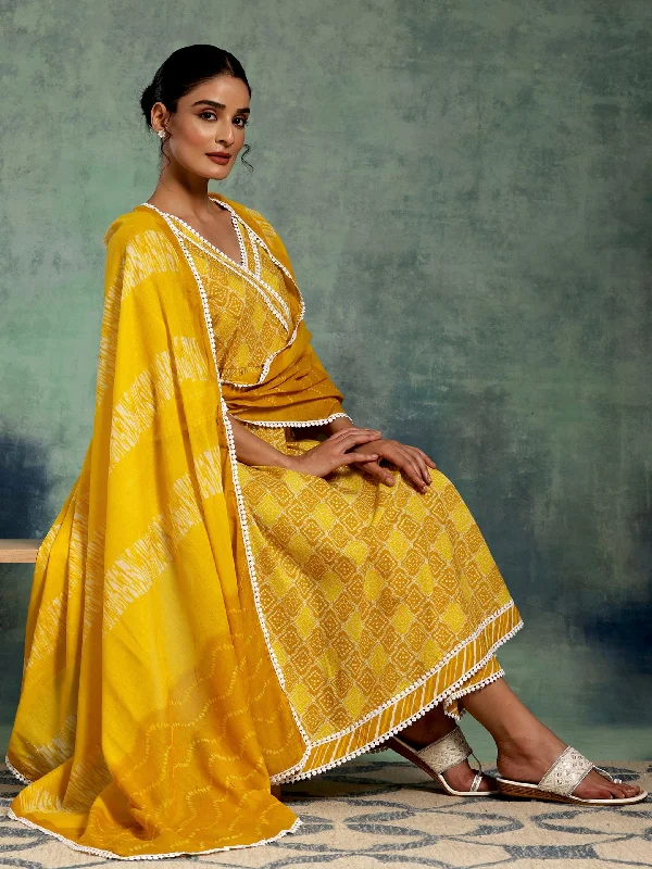 Mustard Printed Cotton A-Line Kurta With Palazzos & Dupatta