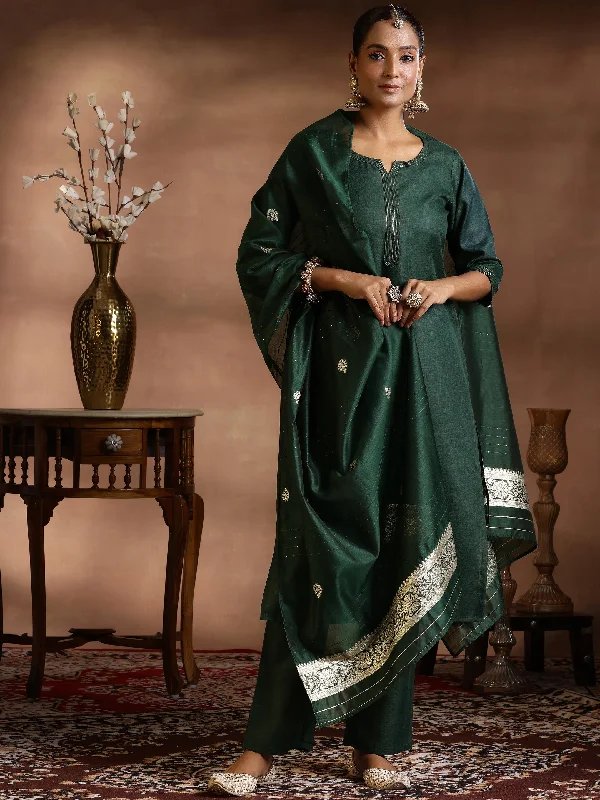 Green Solid Cotton Blend Straight Suit With Dupatta