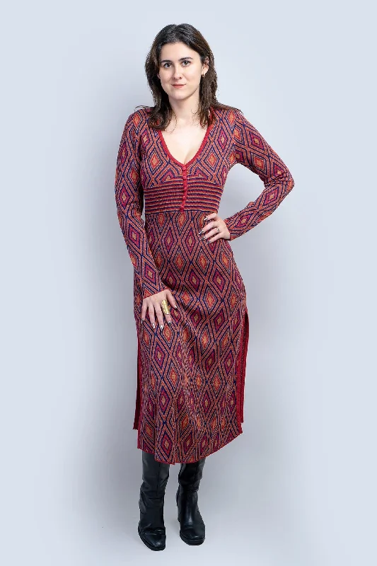 Deep Red Deco Print Knit Maxi Dress