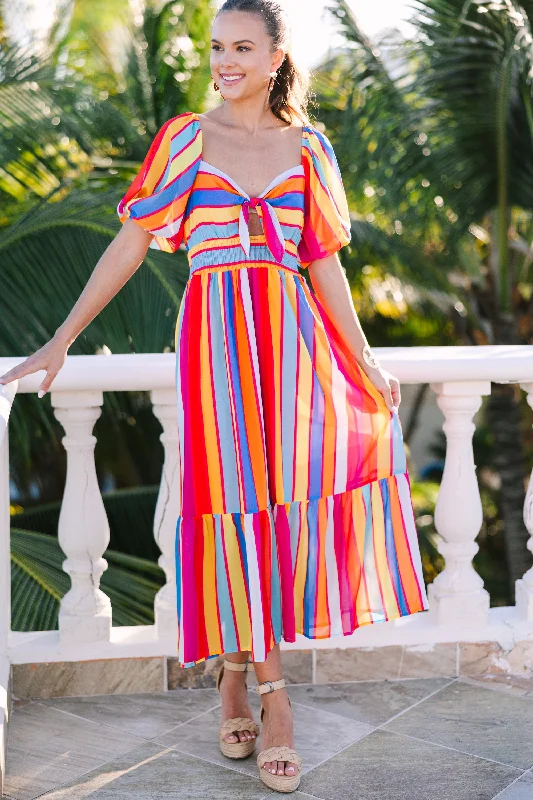 Dance The Night Away Red Rainbow Striped Midi Dress