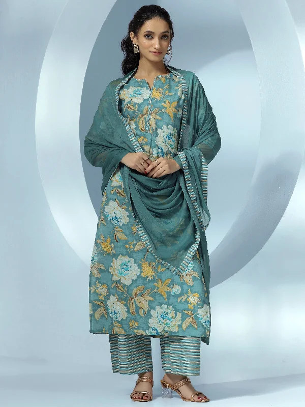 Grey Printed Cotton Straight Suit With Dupatta