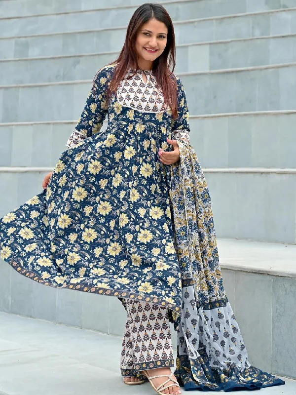 Blue Printed Cotton Anarkali Kurta With Palazzos & Dupatta