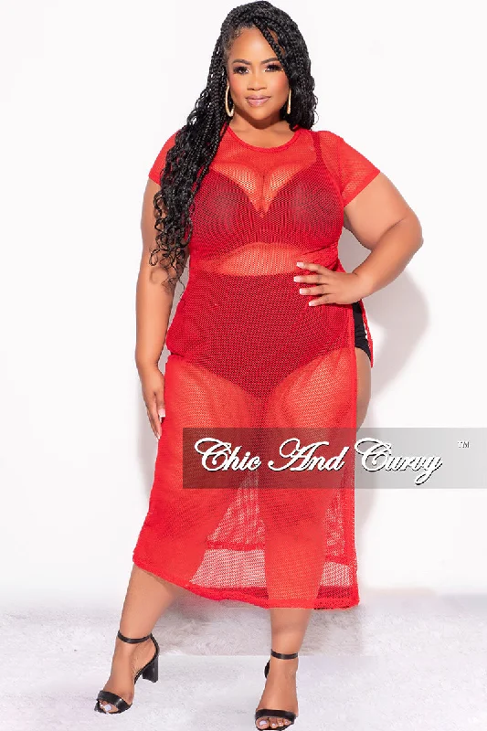 Final Sale Plus Size Off the Shoulder Fishnet Dress with Side Slit in Red or White