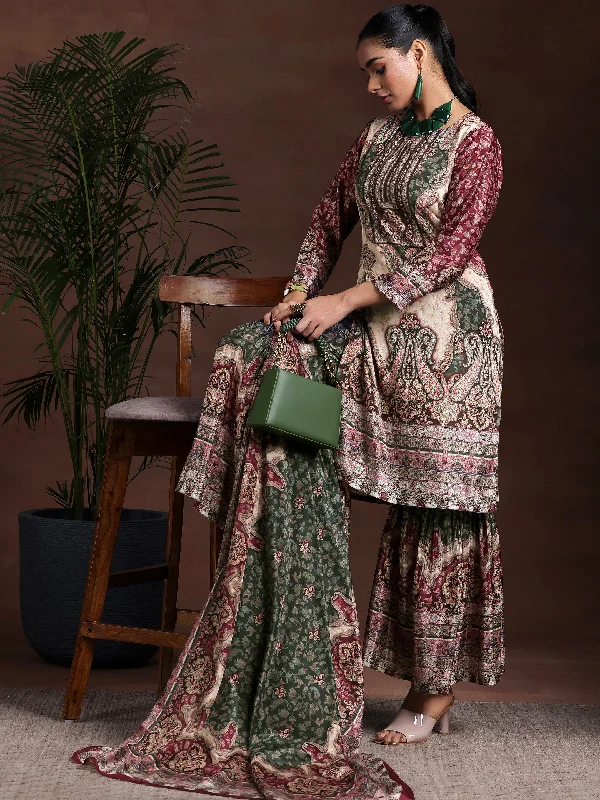 Beige Printed Silk Blend Straight Suit With Dupatta