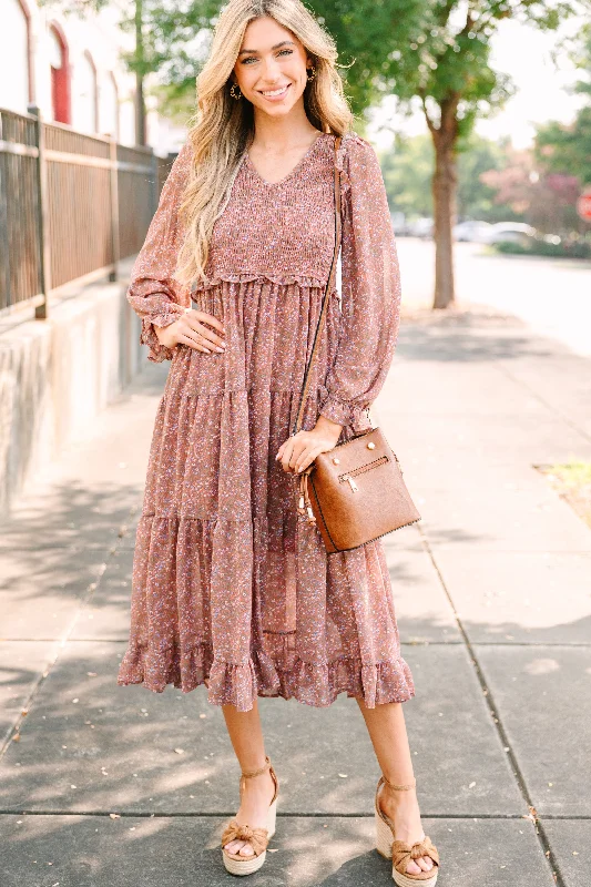 Out In The World Rust Red Ditsy Floral Midi Dress