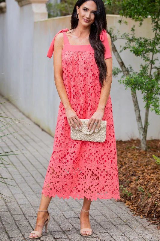 It's The Dream Coral Pink Lace Midi Dress