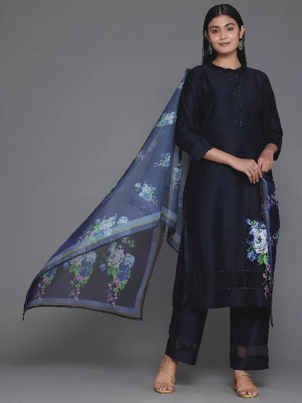 Navy Blue Self Design Silk Blend Straight Suit With Dupatta