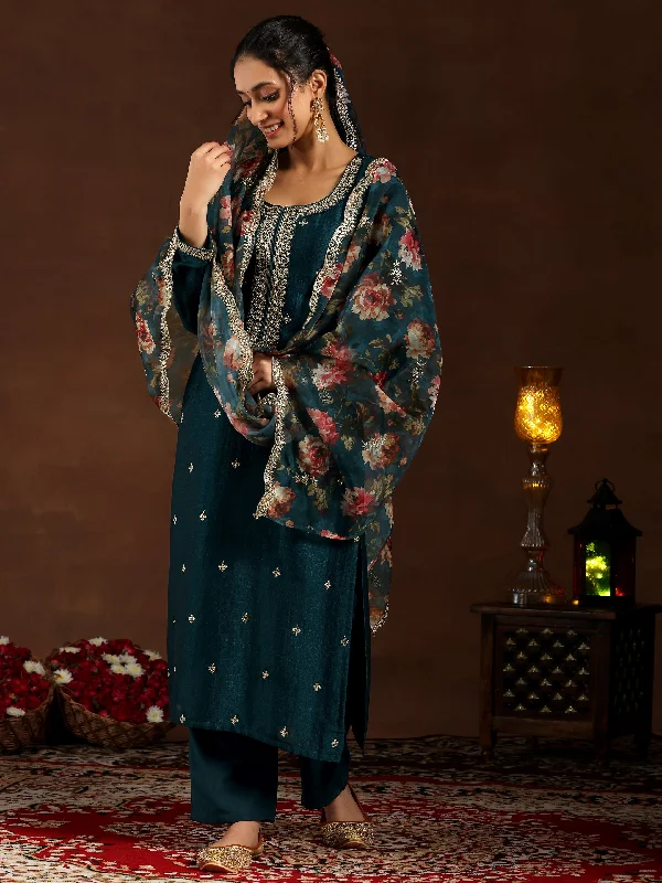 Teal Embroidered Silk Blend Straight Suit With Dupatta