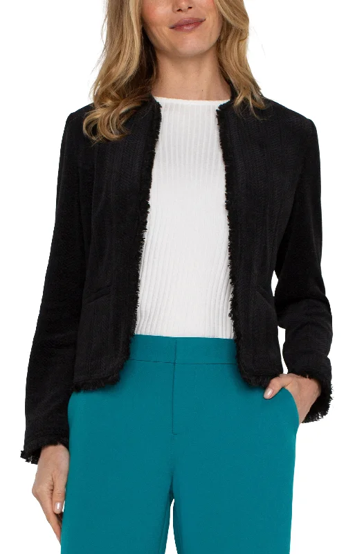 COLLARLESS JACKET WITH FRAYED EDGES