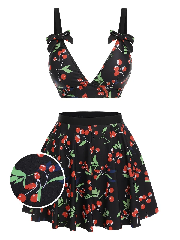 Black 1950s Cherry Bow V-Neck Swimsuit