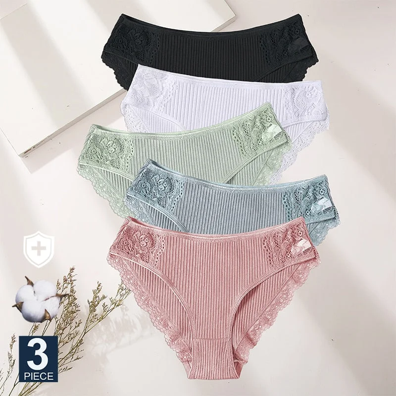 M-XXL 3PCS Cotton Underwear Women's Panties Set Comfort Underpants Floral Lace Briefs For Woman Sexy Low-Rise Pantys Intimates