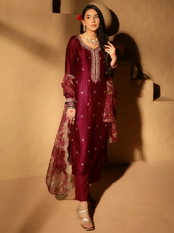 Maroon Embroidered Silk Blend Straight Suit With Dupatta