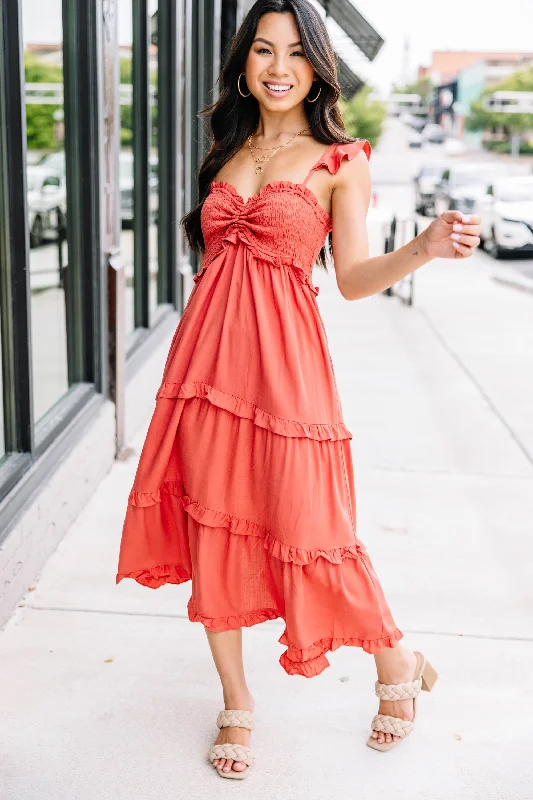 Brand New Days Rust Orange Ruffled Midi Dress