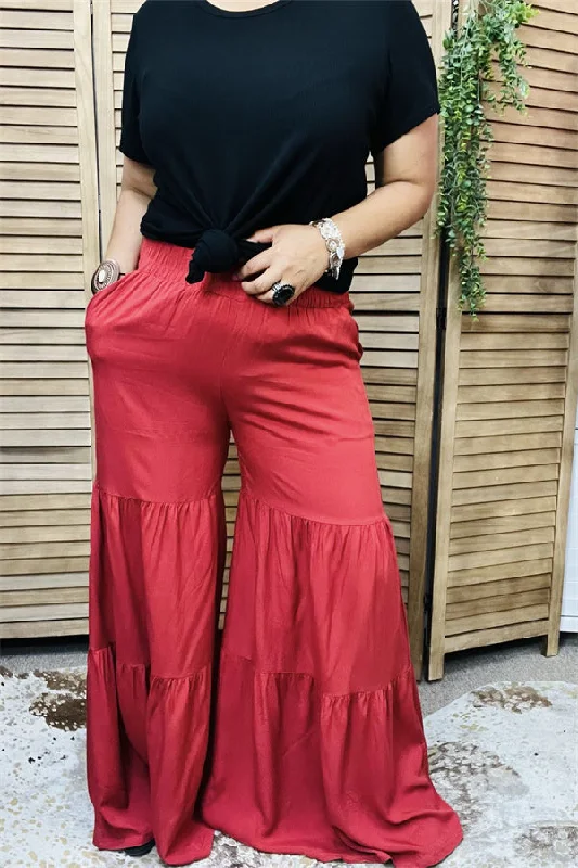 YMY15365 Rust red bell/ruffle bottom loose&leisure women pants w/side pockets