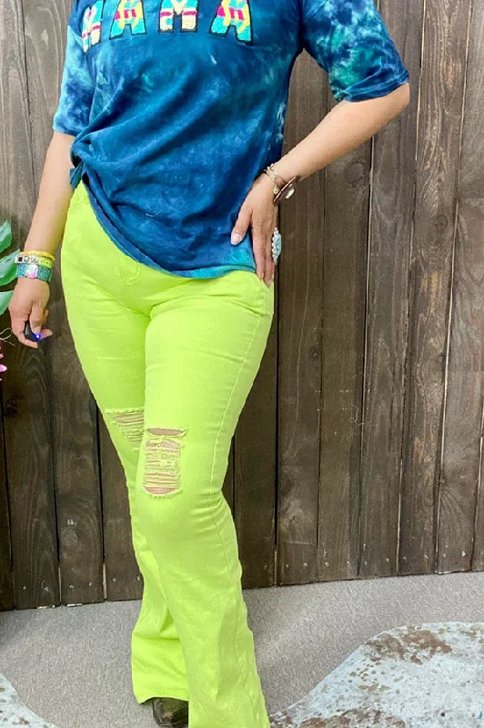 Neon green distressed bell bottoms women jeans