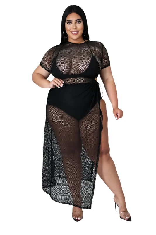 Final Sale Plus Size Off the Shoulder Fishnet Dress with Side Slit in Black