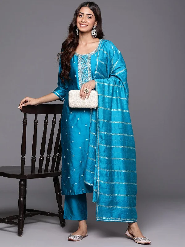 Blue Woven Design Silk Blend Straight Suit With Dupatta